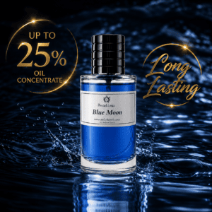RocheHayatt Blue Moon Eau De Parfum bottle displayed on a dark water surface with luxurious reflections, featuring bold golden typography highlighting