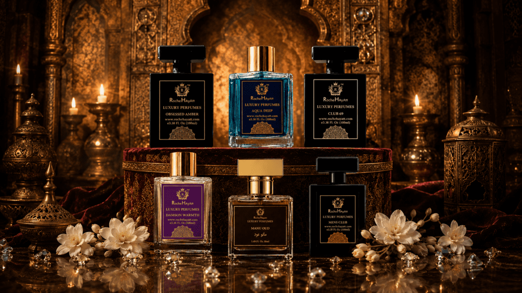 Luxury collection of RocheHayatt perfumes featuring Obsessed Amber, Aqua EDP, Club 69, Damson Warmth, Manu Oud, and Mens Club displayed on an ornate Middle Eastern-inspired golden backdrop with candles, white flowers, and crystal accents.