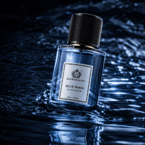 RocheHayatt Blue Moon Eau de Parfum bottle with a fresh blue aquatic water background.