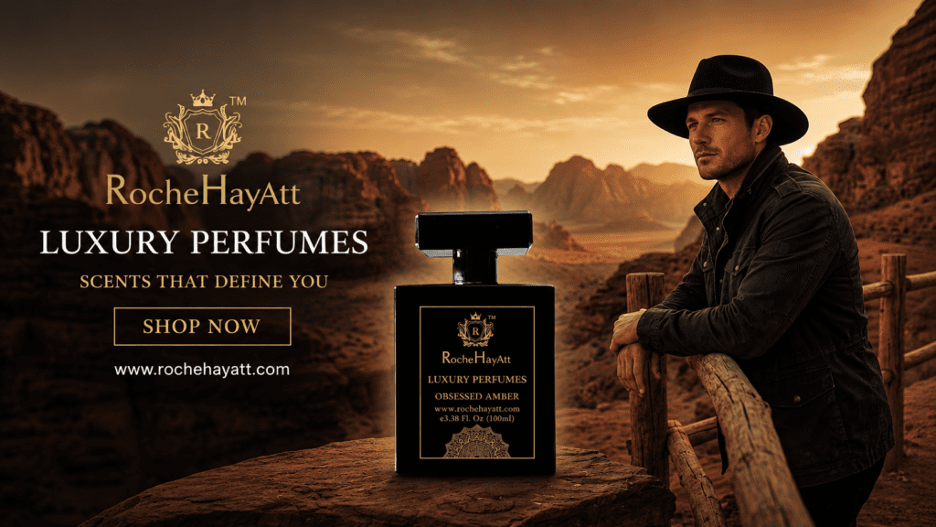 Original Perfume Online advertisement featuring RocheHayatt Luxury Perfumes Obsessed Amber in a premium black bottle with a stylish man in a desert canyon at sunset, highlighting luxury, long-lasting fragrance, and premium men's perfume.