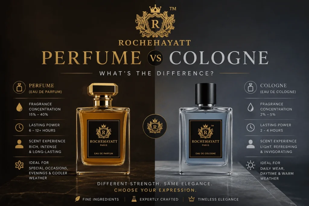 RocheHayatt Perfume vs Cologne comparison showing fragrance concentration, lasting power, scent experience, and ideal usage.