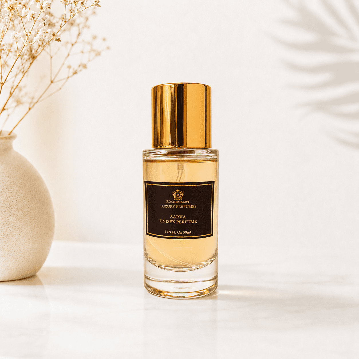 RocheHayatt Sarva Eau de Parfum inspired by Zara Patchouli displayed on a premium beige marble podium with a luxury minimalist background.