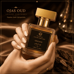 RocheHayatt Ojas Oud luxury perfume bottle held in hand with elegant gold cap and premium black label for long-lasting oud fragrance.