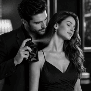 Black and white luxury perfume advertisement featuring a stylish man spraying RocheHayatt Obsessed Amber perfume on a woman in an elegant indoor setting, capturing romance, sophistication, and premium fragrance.