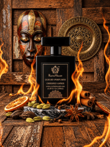 RocheHayatt Obsessed Amber luxury perfume bottle displayed on a rustic wooden surface with cinnamon sticks, star anise, cardamom, dried orange slices, and warm flames, creating a rich oriental amber fragrance atmosphere.