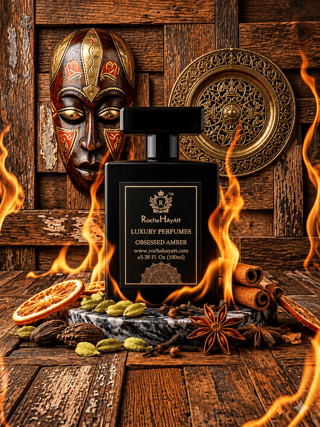 RocheHayatt Obsessed Amber luxury perfume bottle displayed on a rustic wooden surface with cinnamon sticks, star anise, cardamom, dried orange slices, and warm flames, creating a rich oriental amber fragrance atmosphere.