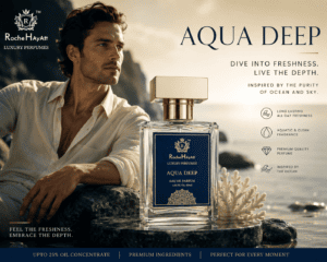 RocheHayatt Aqua Deep luxury aquatic perfume for men displayed with a stylish male model on a seaside background, featuring a premium glass bottle with a gold cap and ocean-inspired fragrance design.