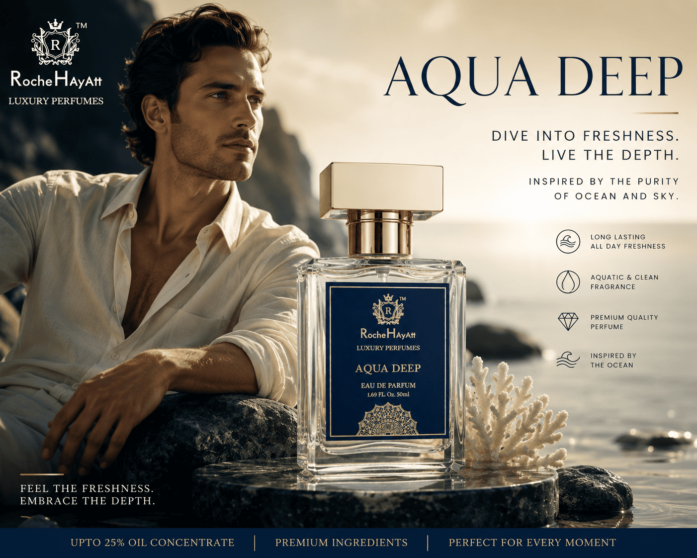RocheHayatt Aqua Deep luxury aquatic perfume for men displayed with a stylish male model on a seaside background, featuring a premium glass bottle with a gold cap and ocean-inspired fragrance design.