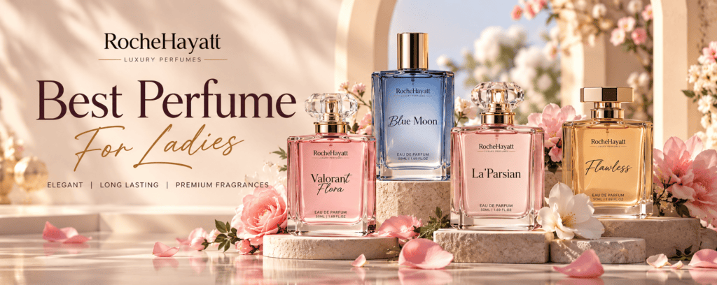 Best perfume for ladies by RocheHayatt Luxury Perfumes featuring Valorant Flora, Blue Moon, La’Parsian, and Flawless fragrances.
