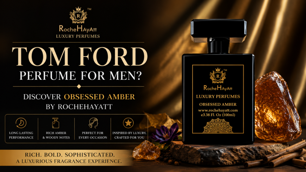 Luxury black Obsessed Amber perfume bottle by RocheHayatt with rich amber stones and woody elements, featured as a premium Tom Ford perfume for men alternative with long-lasting amber fragrance.