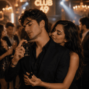 Luxury couple at an upscale party with the man applying RocheHayatt Club 69 perfume, creating an elegant and romantic fragrance moment under warm ambient lighting.