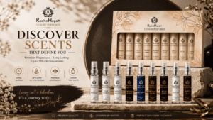 RocheHayatt Luxury Perfume Discovery Set banner featuring a premium gift box with nine 10ml Eau de Parfum sprays displayed on a marble platform in an elegant beige and gold luxury setting.