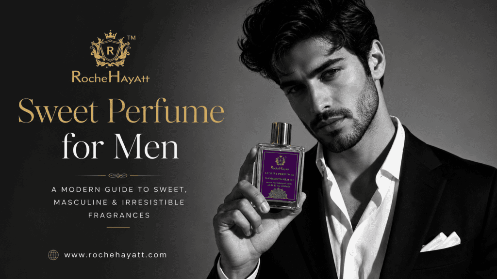 Luxury sweet perfume for men by RocheHayatt featuring a sophisticated man holding Damson Warmth fragrance