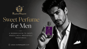 Luxury sweet perfume for men by RocheHayatt featuring a sophisticated man holding Damson Warmth fragrance