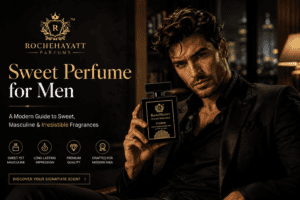RocheHayatt Club 69 sweet perfume for men held by a stylish man in a luxury setting