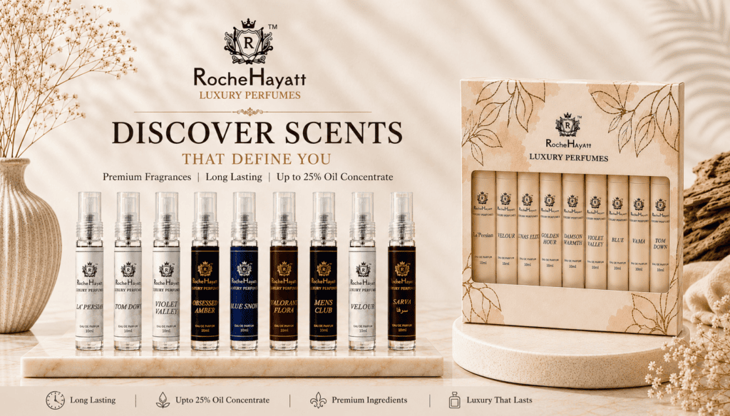 RocheHayatt Luxury Perfumes tester pack banner featuring 10ml premium fragrance sprays alongside an elegant luxury gift box on a beige marble background with soft natural lighting.