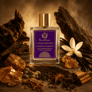 RocheHayatt Damson Warmth luxury perfume bottle surrounded by plum, saffron, vanilla, orange, rose, jasmine, cardamom, cloves and woody fragrance ingredients.