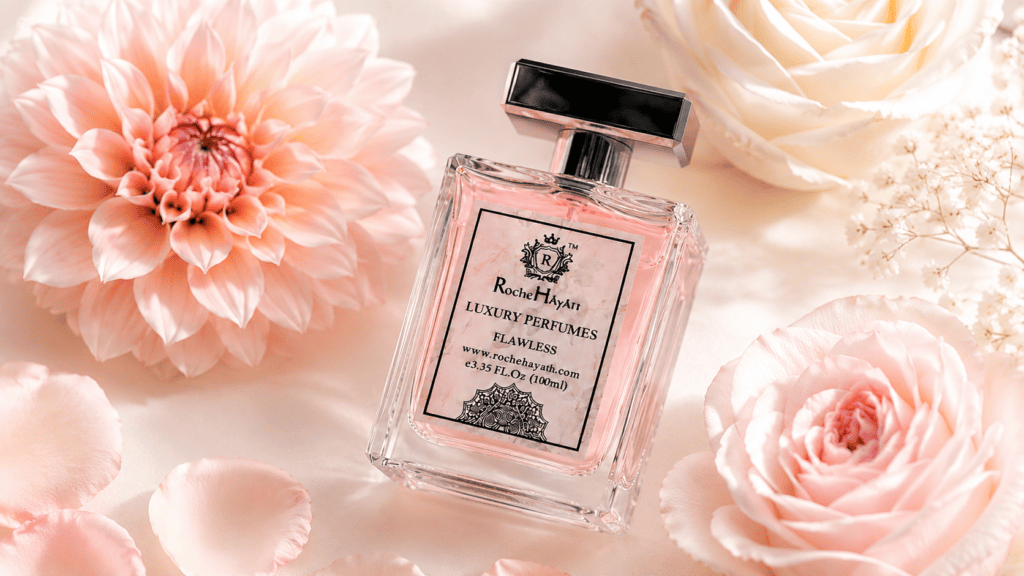 RocheHayatt Flawless luxury perfume bottle surrounded by soft pink and white flowers
