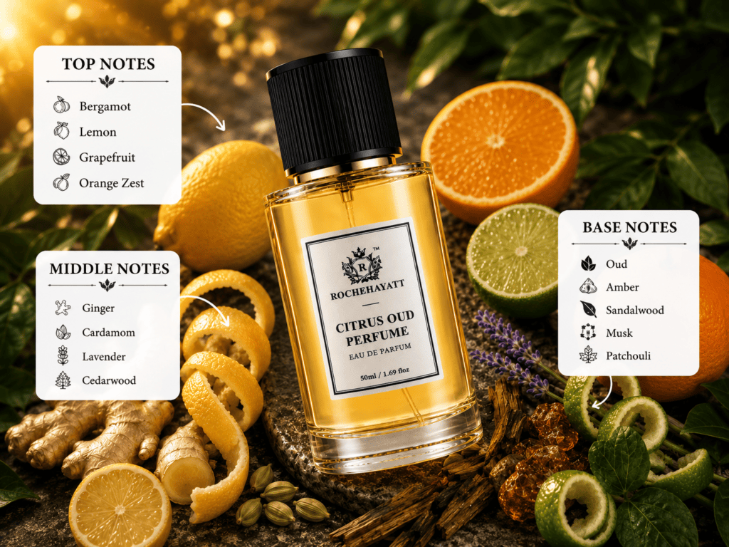 Rochehayatt Citrus Oud perfume bottle surrounded by citrus fruits, ginger, lavender, oud, and sandalwood, with top, middle, and base fragrance notes.