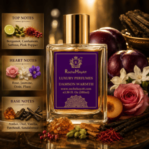 RocheHayatt Damson Warmth luxury perfume bottle with top, heart, and base fragrance notes displayed alongside plum, saffron, rose, jasmine, amber, oud, vanilla and sandalwood.