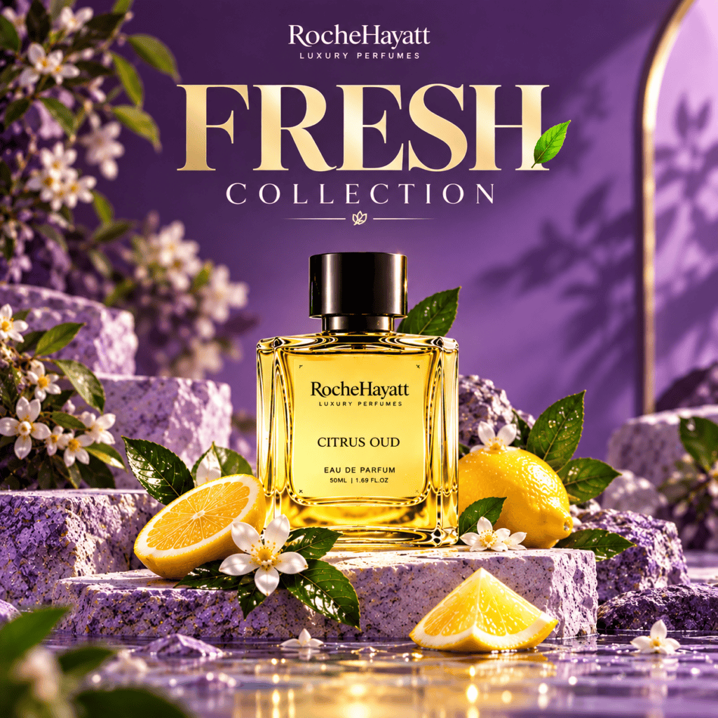 RocheHayatt Fresh Collection Citrus Oud perfume with purple luxury background, lemons and fresh floral elements