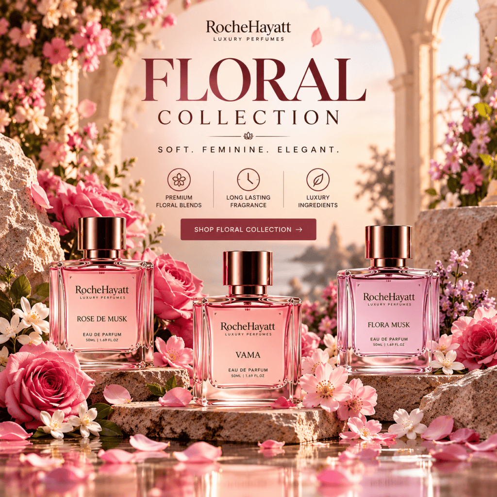 RocheHayatt Floral Collection perfume bottles with roses and elegant floral background