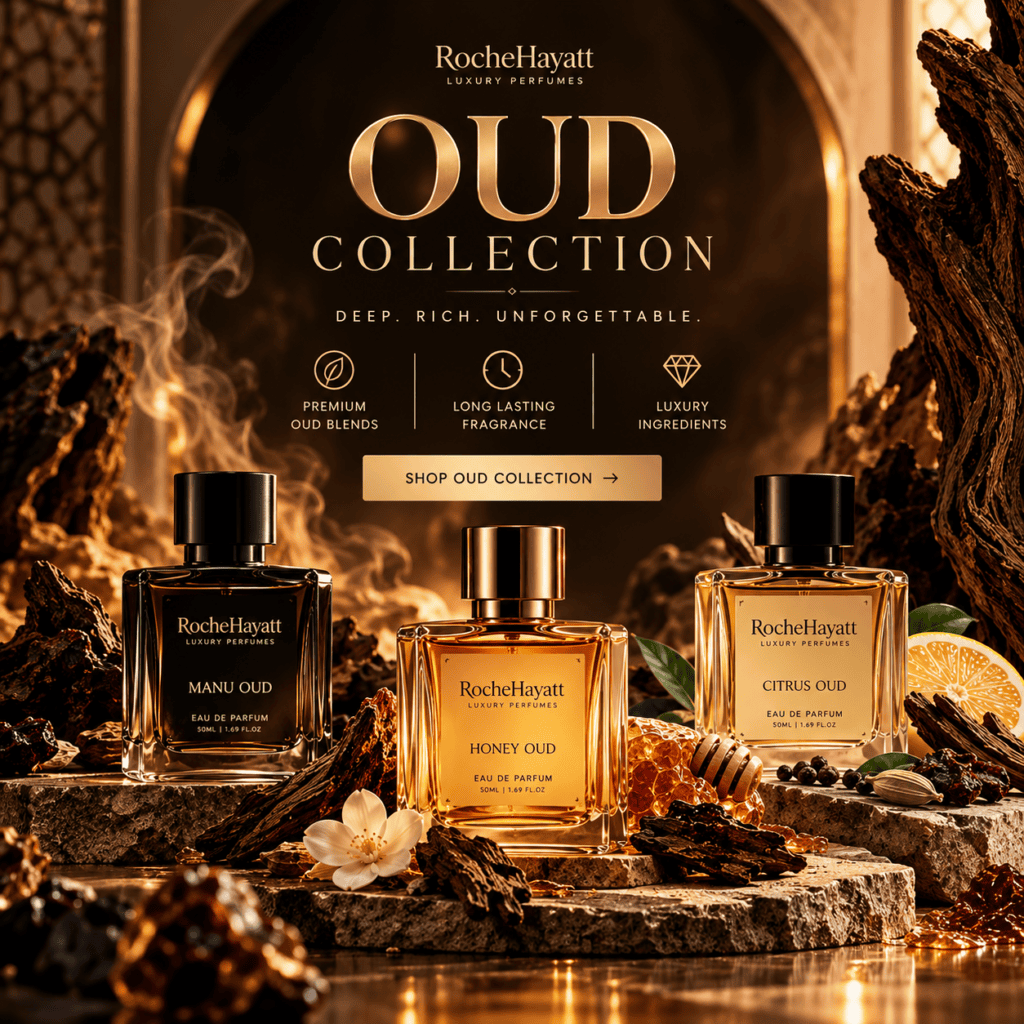 RocheHayatt Luxury Perfumes Oud Collection featuring Manu Oud, Honey Oud and Citrus Oud perfumes in a luxurious dark oud-inspired setting.