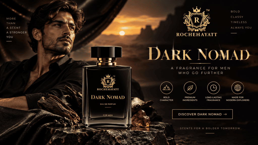Rochehayatt Dark Nomad perfume for men with a luxurious black bottle, gold branding, and a rugged male model in a dramatic desert-inspired setting.