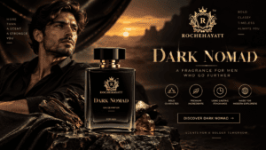 Rochehayatt Dark Nomad perfume for men with a luxurious black bottle, gold branding, and a rugged male model in a dramatic desert-inspired setting.